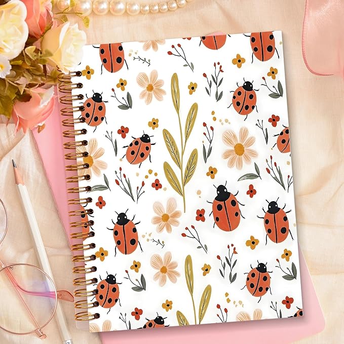 JXREQ Cute Ladybug Floral Notebook Insects Botanical Journal Gifts for Women Note Taking Writing Study, Office School Supplise, Aesthetic Spiral Notebooks 5.5x8.3