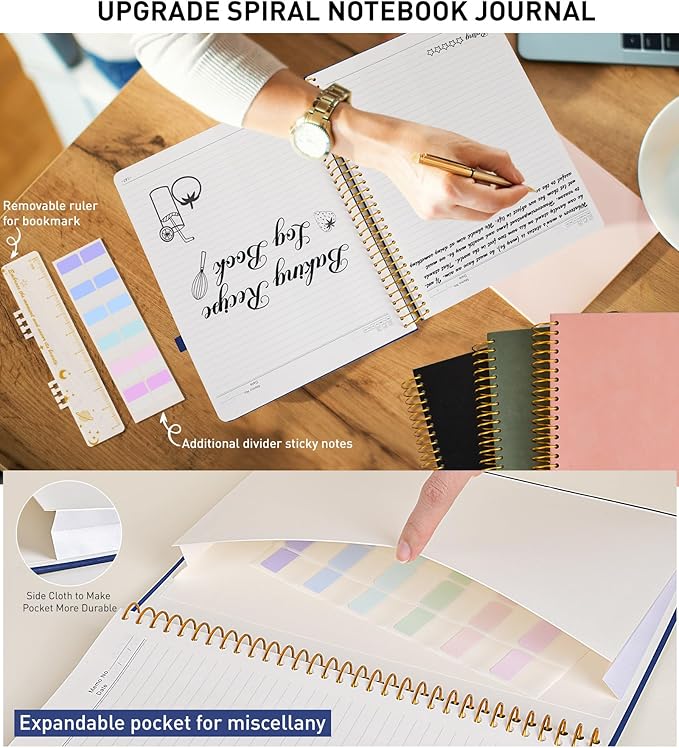 A4 Spiral Notebook Journal 8.5” x 11”, 256 Numbered Pages Hardcover Leather Journals for Women Men, Large Lined College Ruled Notebooks, 100GSM Thick Paper, Spiral Bound Journal for Work School, Navy