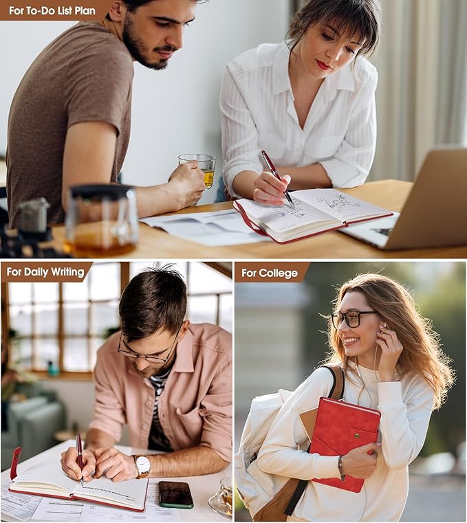 Red A5 Lined Leather Journal Notebook for Men Women,5.9" X 8.4" Personalized Hardcover Journal with Pen,200 Pages 100 Gsm Thick Ruled Paper Daily Diary for Travel,Business,Work,Writing