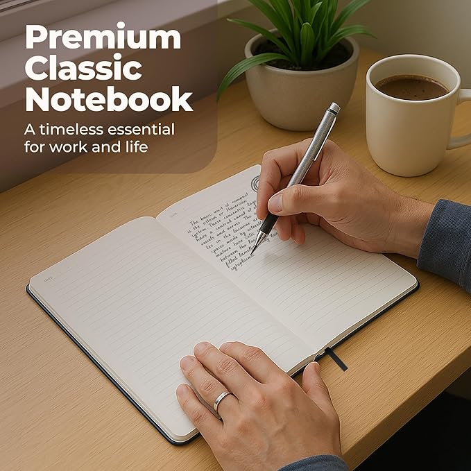 Lined Leather Bound Journal Notebook, A5 Hardcover - Black 5.8x8.3" - Thick 300 Pages College Ruled Paper Journals for Men and Women - Personal and Professional Note Book for Writing & Journaling