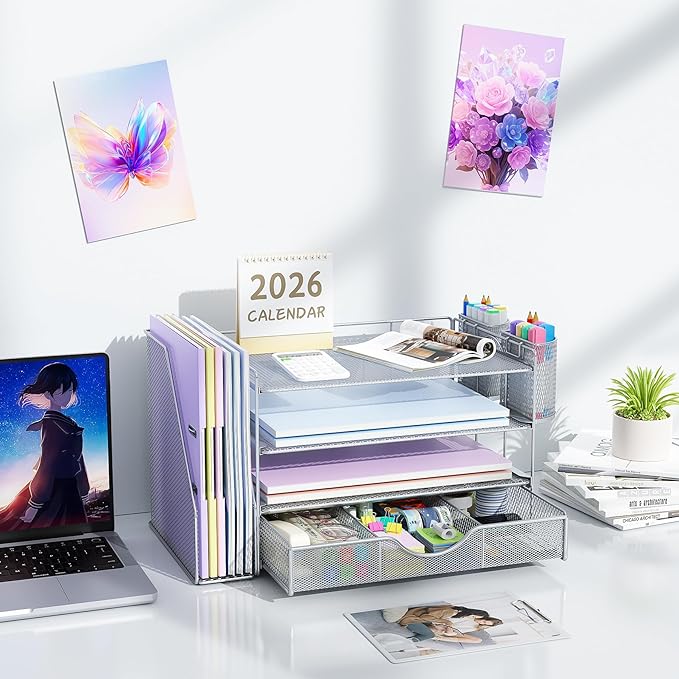 gianotter Desk Organizers and Accessories with File Holder, 4-Tier Desk Accessories & Workspace Organizers with Drawer and 2 Pen Holder, Paper Organizer for Office Supplies (Grey)