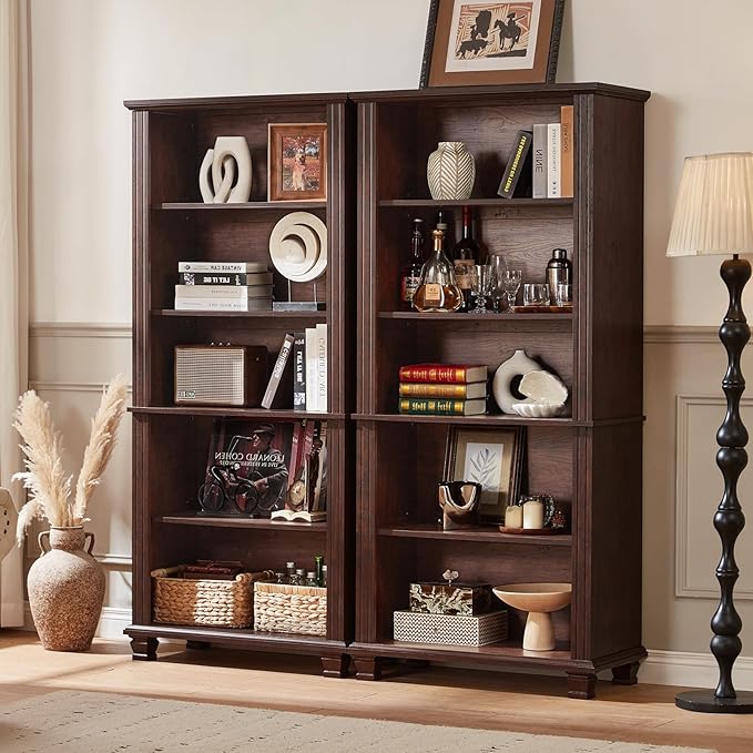 70" Tall Walnut Bookshelf,5 Tier Wooden Book Shelf with Adjustable Shelves & Wood Legs,Free Standing Farmhouse Bookcase with Open Display Storage,Vintage Bookshelves for Classroom, 2PCS