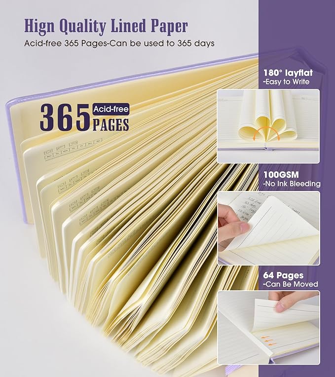 Lined Journal, 365 Pages A4 Large Hardcover Leather Notebook for Women Men, Daily Writing for Work, Note Taking, 100Gsm Paper (8.5" x 11" Purple)