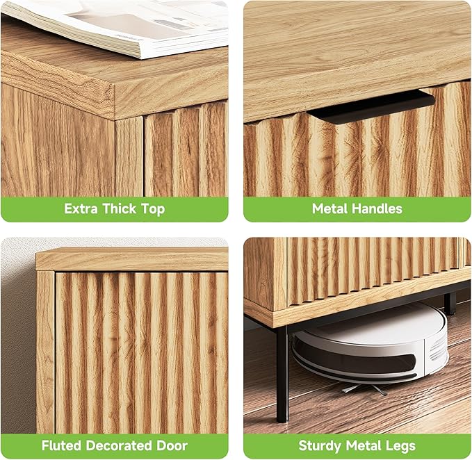 Real Relax Fluted Sideboard Cabinet, Sideboard Buffet Cabinet with Storage, Modern Credenza 2 Doors 3 Drawers, Coffee Bar Buffet Table for Dining Room, Kitchen, and Living Room, Oak