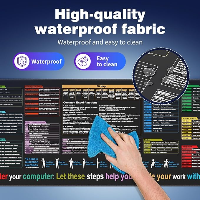 Waterproof Mouse pad—Excel Cheat Sheet Desk pad—Contains 9 major Excel function module and common functions—Large XXL (35.45" x 15.75")|Mousepad for Keyboard and Mouse|Computer mat with excel Shortcut