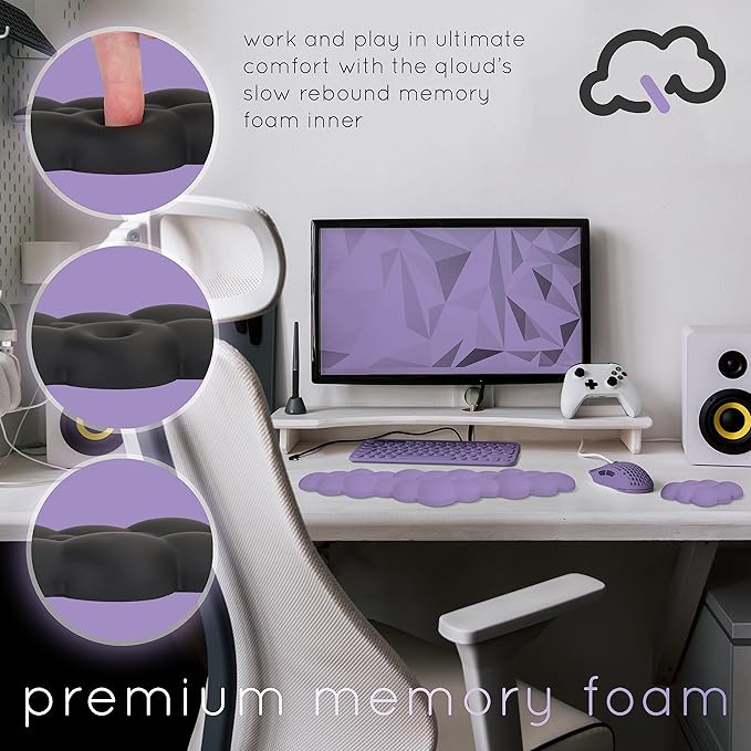 Qloud Cloud Wrist Rest Keyboard Wrist Rest for Computer Keyboard Pad, Cloud Keyboard Wrist Rest, Wrist Pad for Keyboard, Memory Foam, Non Slip Base, Comes with Mouse Pad - Lilac Purple
