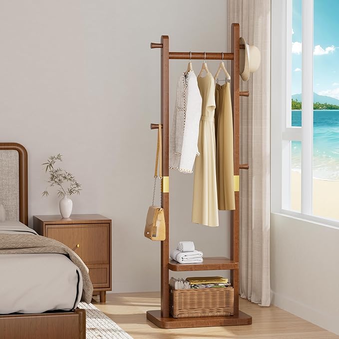 Solid Wood Coat Rack, Coat Rack Freestanding with 2 Shelves and 5 Hooks, Heavy Duty Coat Tree for Entryway,Living room,Coat Hanger Stand for Hats, Bags (Walnut Brown)