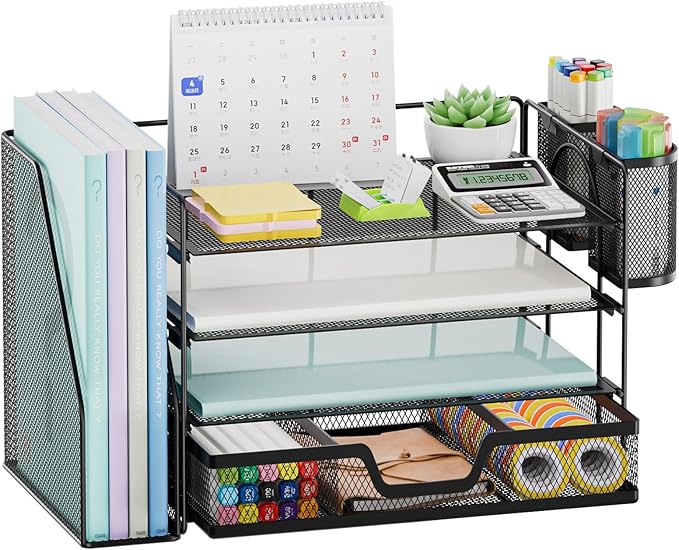 Marbrasse Desk Organizer and Accessories,4-Tier Paper Letter Tray Organizer with File Holder, Desk Accessories & Workspace Organizers with Drawer and 2 Pen Holder (Black, 15.4" x 9.1" x 8.3")