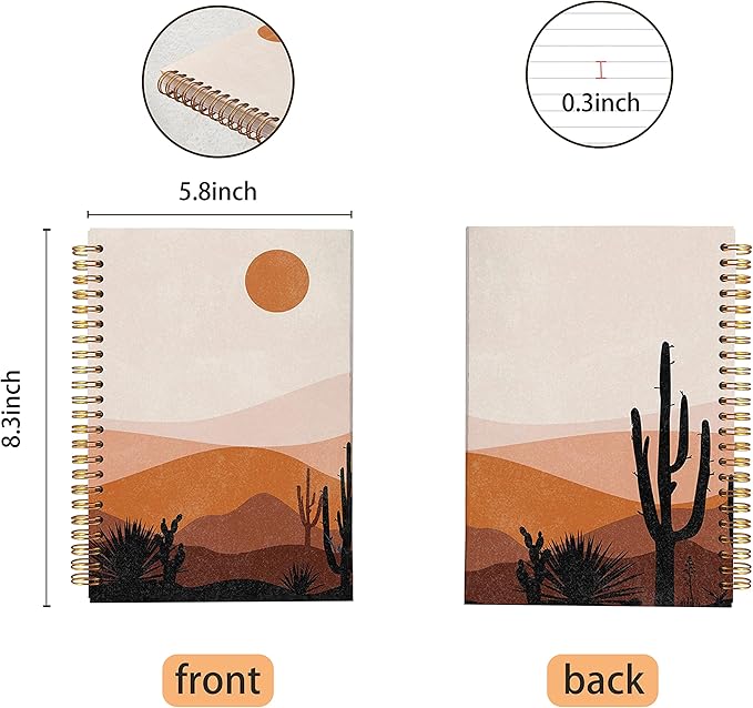 VNWEK Abstract Boho Desert Sun Cactus Landscape Spiral Notebook Journal 5.5×8.3 Inch,Boho Mid-Century Modern Art Lined Hardcover Spiral Notebook for Work Notes Journaling, Gifts for Women Girls