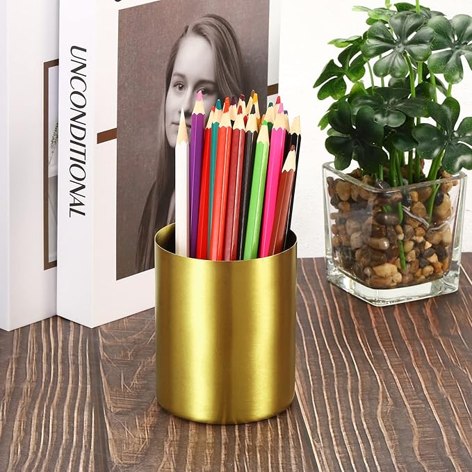 PATIKIL Pencil Holder, 3 Pack Pen Holder for Desk Stainless Steel Pencil Holders Cup Organizer Makeup Brush Holder for Desk Accessories, Golden