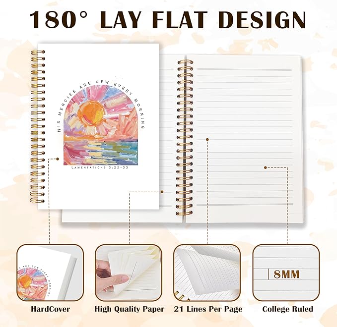 Qabliqo Watercolor Christian Spiral Notebooks, His Mercies Are New Every Morning Bible Journals for Writing, Religious Prayer Journal for Woman, Scripture Notebook for Note Taking, 5.5x8.3 Inch