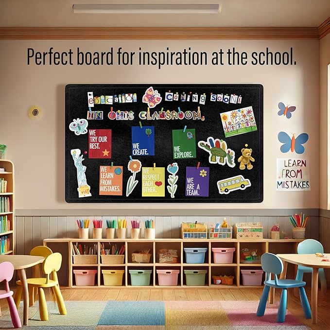 Large Bulletin Board 60 x 36 Inches - Foldable Felt Bulletin Board for Wall, Cork Board Alternative with 100 Color Pins & 12 Note Pads, Vision Board - Black