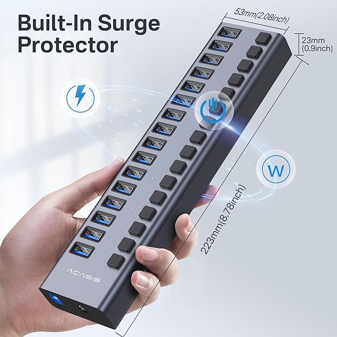 Powered USB 3.1 Hub, ACASIS 16 Ports USB 3.1 Hub with 10Gbps Data Speed,Aluminum Housing, USB Hub Powered with 96W Power Adapter, USB Hub for PC/Laptop, Computer, Flash Drive, Printer, Camera