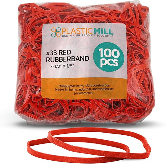 PlasticMill Red Rubber Bands Size 33 (3 1/2" x 1/8") - #33 Colored Rubber Bands Office Supplies - Strong, Elastic Bands for Crafts, Balloon Garland, Cash, File Folders (100-Pack)