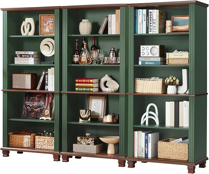 70" Tall Green Bookshelf,5 Tier Wooden Book Shelf with Adjustable Shelves & Wood Legs,Free Standing Farmhouse Bookcase with Open Display Storage,Vintage Bookshelves for Library, 3PCS