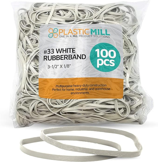 PlasticMill White Rubber Bands Size 33 (3 1/2" x 1/8") - #33 Rubber Bands Office Supplies - Strong, Elastic Bands for Crafts, Balloon Garland, Cash, File Folders (100-Pack)