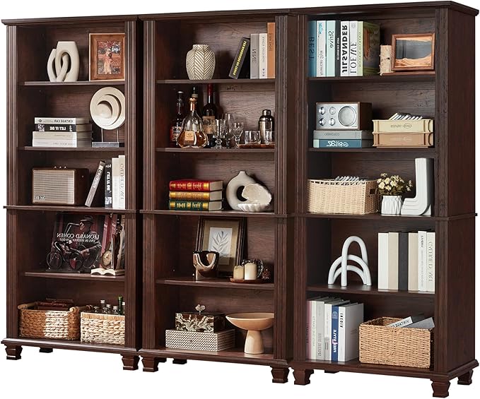 70" Tall Walnut Bookshelf,5 Tier Wooden Book Shelf with Adjustable Shelves & Wood Legs,Free Standing Farmhouse Bookcase with Open Display Storage,Vintage Bookshelves for Classroom, 3PCS