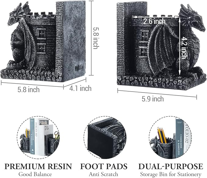 MyGift Gothic Black Resin Dragon Guarding Castle Pencil Cup Bookends, Office Desk Book Ends with Decorative Fantasy Dragons and Stone Tower Pen Holders, 1 Pair
