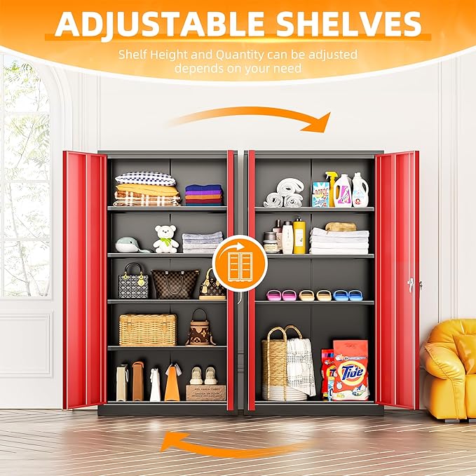 INTERGREAT Garage Storage Cabinet with Lockable Door, 72" H Metal Locking Cabinets with 4 Adjustable Shelves,Black Red Steel Cabinets Storage for Home Office, Warehouse,School