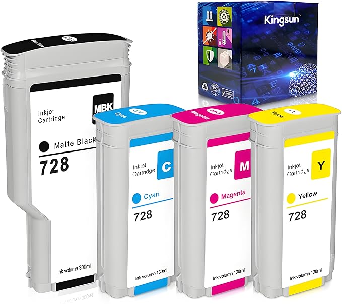 728 Ink Cartridge Set (Matte Black 300ml, Cyan, Magenta, Yellow 130ml) HP 728 Compatible with DesignJet T730 T830 MPF Large Format Plotter Printers F9J68A F9J67A F9J66A F9J65A