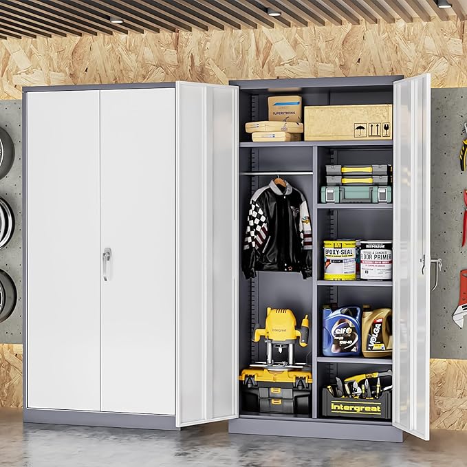 INTERGREAT Metal Storage Cabinet,72 Tall Armoire Wardrobe Closet with Doors,Grey White Storage Locker Cabinets with Adjustable Shelves and Removable Hanging Rods