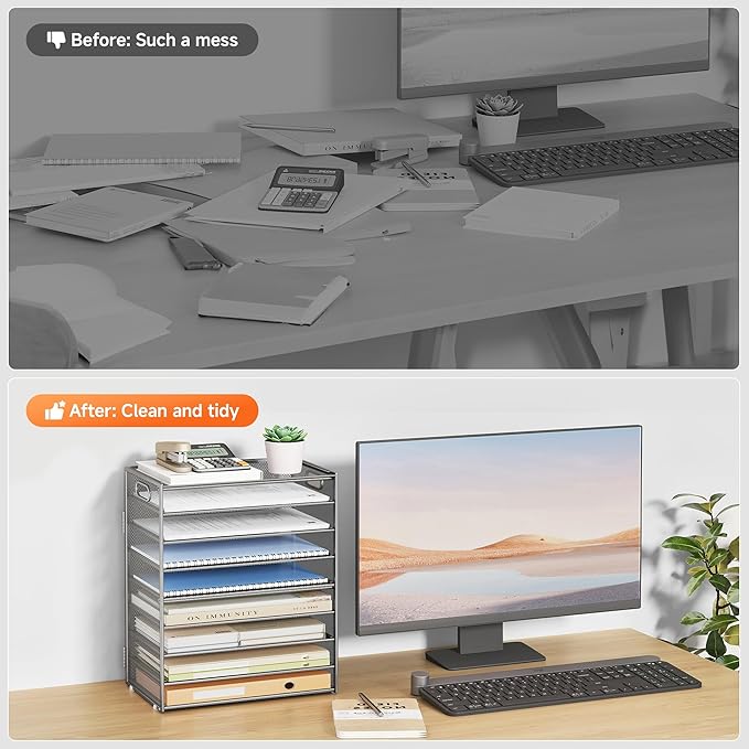 SUBEKYU 9 Tier Paper Organizer for Desk - Metal Mesh Letter Tray File Paper Sorter Organizer Include 6 Pcs Adjustable Height Slid Tray with Handles for Office School Home Organization Storage, Silver