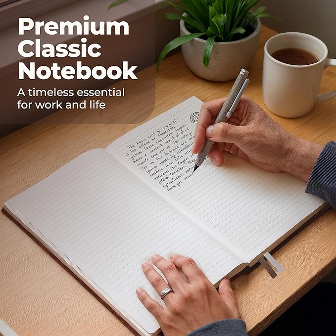 Classic Lined Journal Notebook 8.5x11" A4 Hardcover Leather - Brown - 200 Pages College Ruled Large with Sticky Tabs, Pockets, and Pen Loop for Writing and Journaling - Big Hardback Men and Women