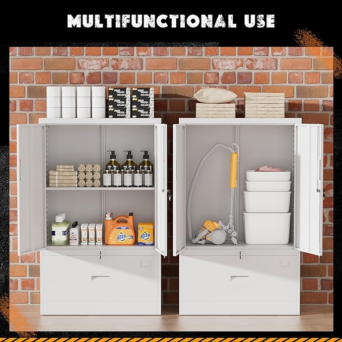 INTERGREAT Metal Storage Cabinet,Metal File Cabinet with Lockable Doors and Adjustable Shelves,Pantry Storage Cabinets for Garage,Home Office,Kitchen(White)