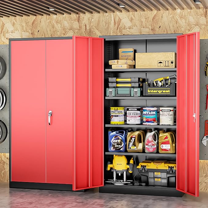 INTERGREAT Garage Storage Cabinet with Lockable Door, 72" H Metal Locking Cabinets with 4 Adjustable Shelves,Black Red Steel Cabinets Storage for Home Office, Warehouse,School
