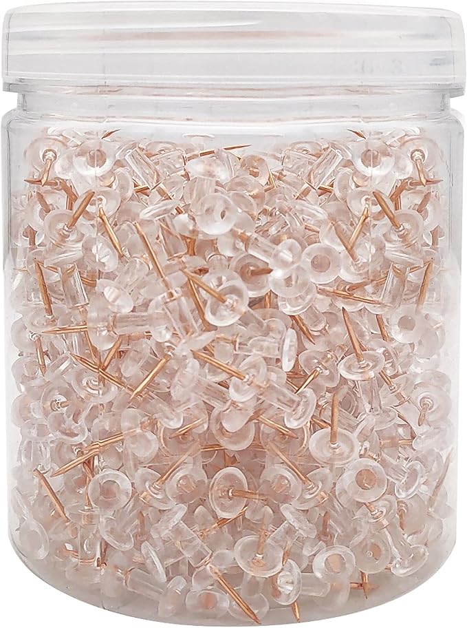 Clear Push Pins 600pcs Standard Thumb Tacks with Rose Gold Steel Point Transparent Plastic Head Pins for Hanging Photo Posters Craft Marking Map Wall Cork Board