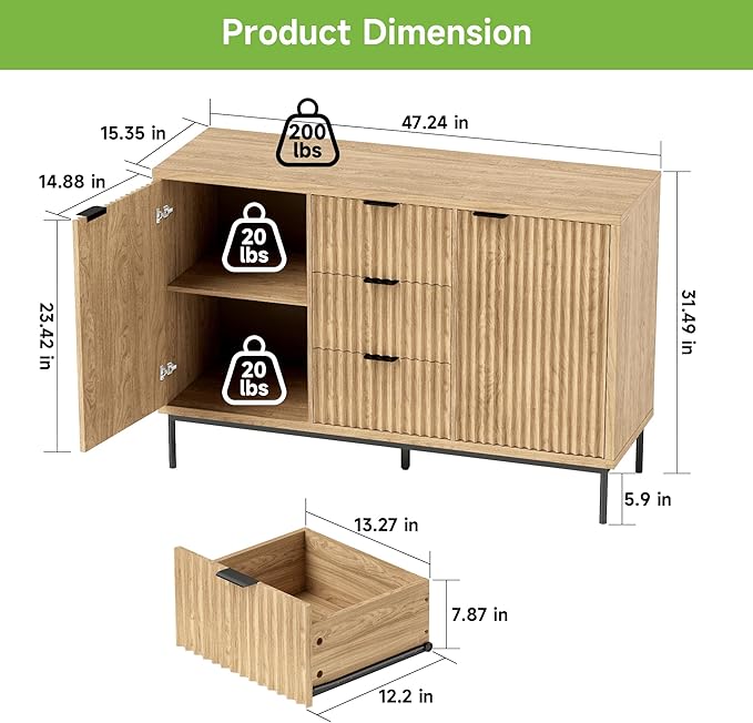 Real Relax Sideboard Buffet Cabinet with Storage, Modern Fluted Cabinet with 2 Doors 3 Drawers, Coffee Bar Accent Storage Credenza, for Kitchen, Living, Dinning Room, Oak