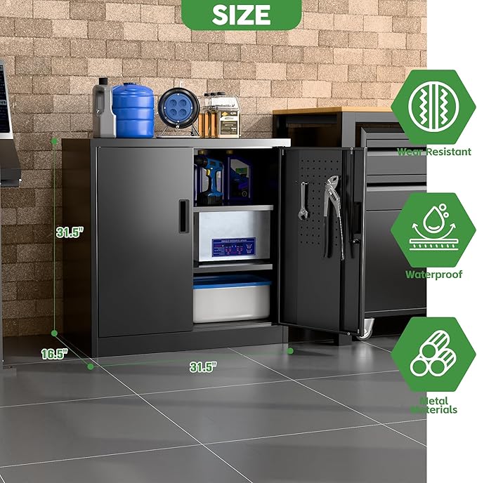 Aobabo 31.5" H Small Garage Storage Cabinet with Pegboard,Lockable File Storage Cabinet with 2 Adjustable Shelves for Garage, Office, School, Assembly Require, Black