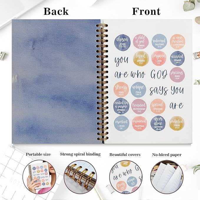 Bible Notebook, A5 Spiral Christian Journal Bible Verse-God Says You Are, Inspirational Notebooks for Women, Bible Study, Gift for Birthday Christmas, Office Supplies (Light blue)