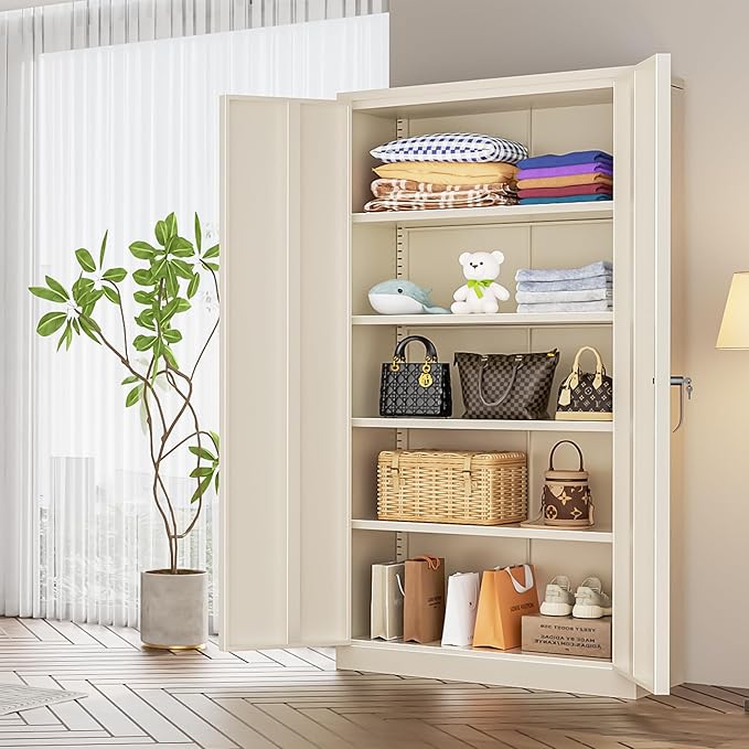 INTERGREAT Tall Metal Storage Cabinet Locking Steel with 4 Adjustable Shelves,72" Lockable Cabinets Lock 2 Doors for Office Garage Supply Home (Cream Grey)