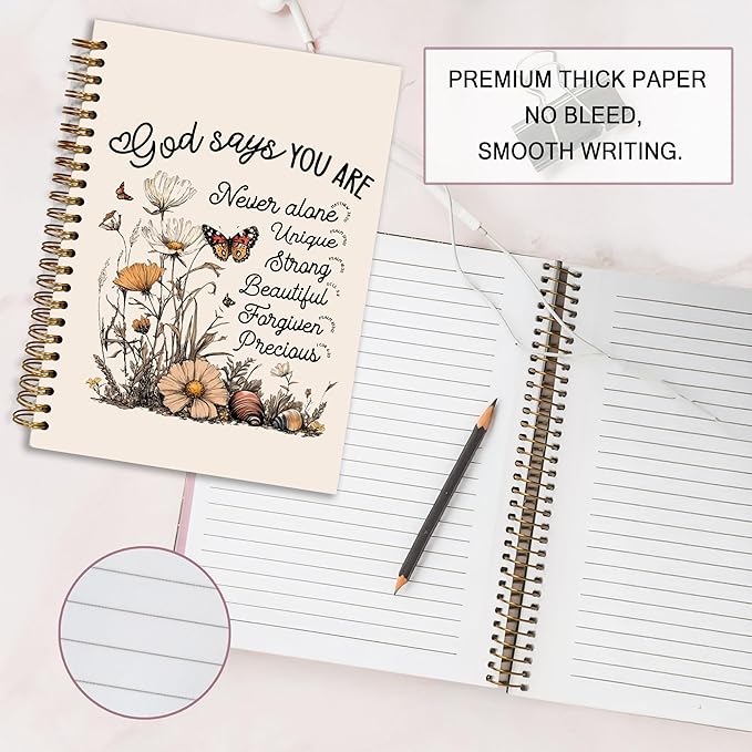 Bible Notebook, A5 Spiral Christian Journal with Floral Notebook, Bible Verse-God Says You Are, Inspirational Notebooks for Women, Bible Study, Gift for Birthday Christmas