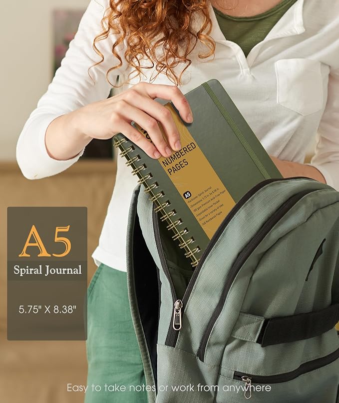 Lined Spiral Journal Notebook, A5 Hardcover Spiral Journals for Women Men, 150 Numbered Pages Spiral Bound Notebook, 100 GSM College Ruled Notebooks for Work, Note Taking 5.75" x 8.38", Olive Green