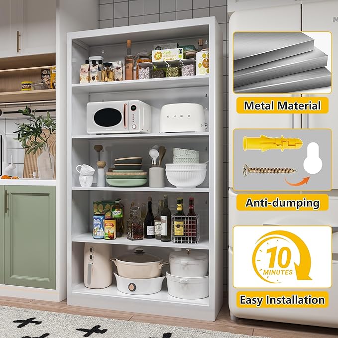 5 Tier Bookshelf, Metal White Book Shelf with Backboard, Adjustable 55" Tall Bookcase, Modern Book Shelves for Living Room, Office, Bedroom, School