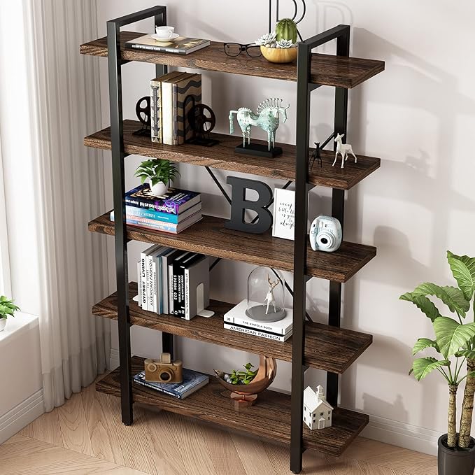 5-Tier Industrial Style Solid Wood Bookcase and Book Shelves,Rustic Wood and Metal Shelving Unit, Living Room,Modern Rustic Open Industrial Book Shelf Office,Distressed Brown (AY-02-5Tier)