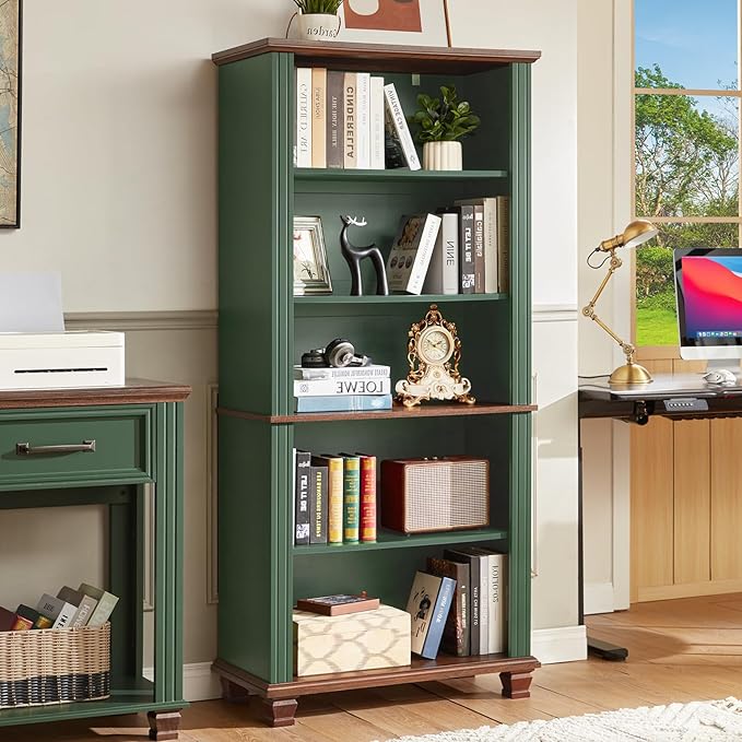 70" Tall Green Bookshelf,5 Tier Wooden Book Shelf with Adjustable Shelves & Wood Legs,Free Standing Farmhouse Bookcase with Open Display Storage,Vintage Bookshelves for Library,Classroom