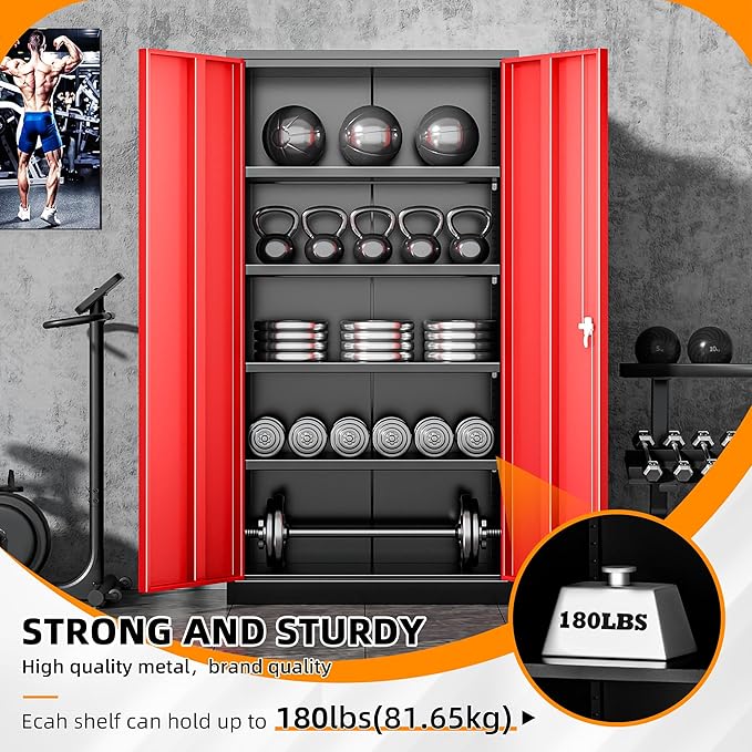 INTERGREAT Garage Storage Cabinet with Lockable Door, 72" H Metal Locking Cabinets with 4 Adjustable Shelves,Black Red Steel Cabinets Storage for Home Office, Warehouse,School