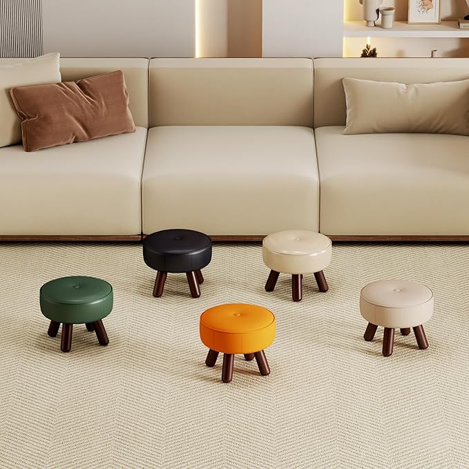 Small Foot Stool 13in, Round Faux Leaher Ottoman Foot Rest for Living Room, Under Desk Footstool Foot Rest with Non-Skid Rubber Legs for Bedroom, Entryway, 13''L x 13''W x 10.2''H, White