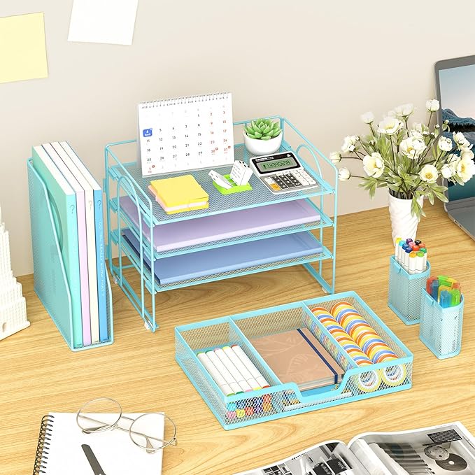 Marbrasse Desk Organizer and Accessories,4-Tier Paper Letter Tray Organizer with File Holder, Desk Accessories & Workspace Organizers with Drawer and 2 Pen Holder (Blue, 15.4" x 9.1" x 8.3")