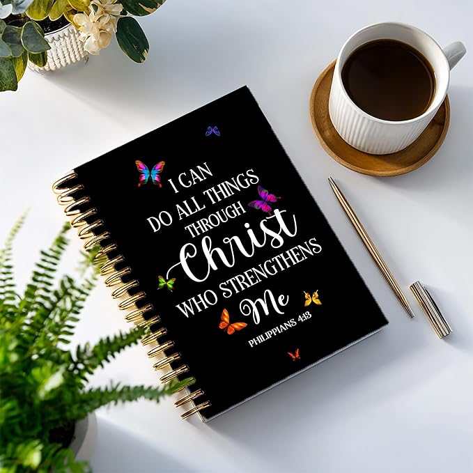 Bible Notebook, A5 Spiral Christian Journal Notebook,I Can Do All Things Through Christ Who Strengthens Me, Inspirational Notebooks for Women, Bible Study, Gift for Birthday Christmas, Office Supplies