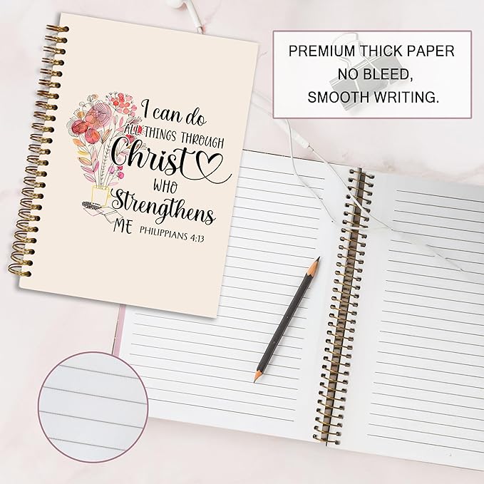 Bible Notebook, A5 Spiral Christian Journal Pink Floral Notebook, Bible Verse-I Can Do All Things Through Christ Who Strengthens Me, Inspirational Notebooks for Women, Gift for Birthday Christmas