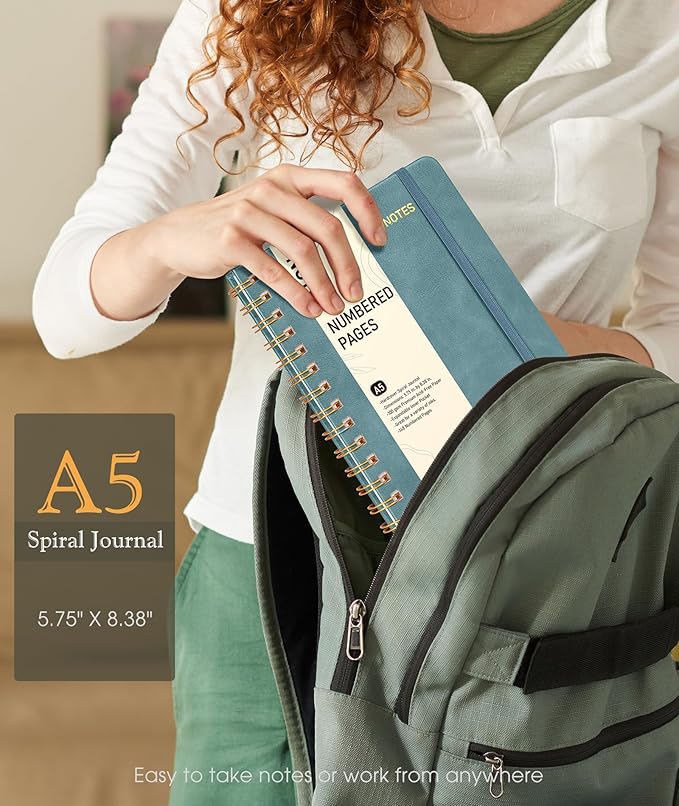 Lined Spiral Journal Notebook, A5 Hardcover Spiral Journals for Women Men, 150 Numbered Pages Spiral Bound Notebook, 100 GSM College Ruled Notebooks for Writing Note Taking 5.75" x 8.38", Misty Blue