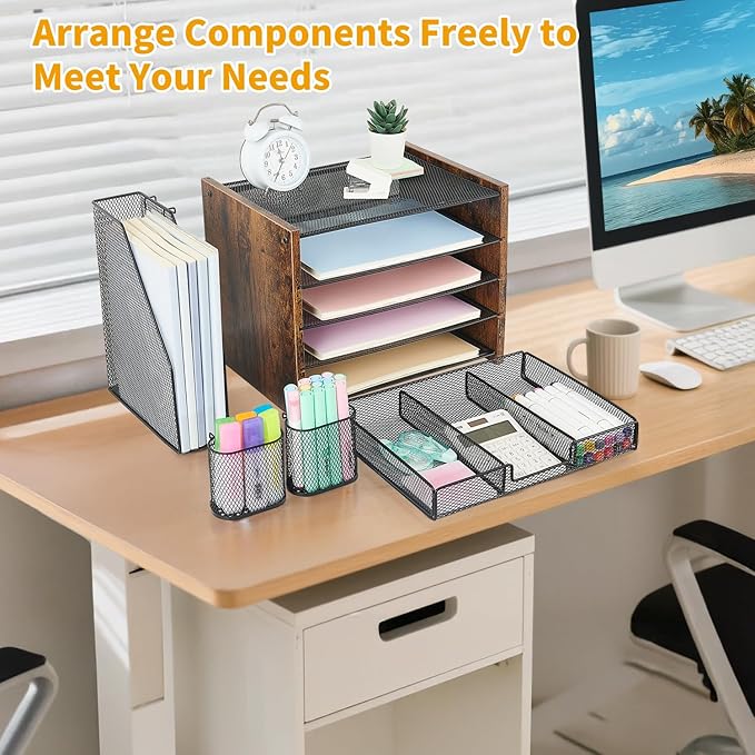 Wood Desk Organizers and Accessories with File Organizer, 5-Tier Paper Organizer with Drawer & Pen Holder, Office Desk Accessories, Workspace Desktop Storage for Office Supplies Organization(Brown)