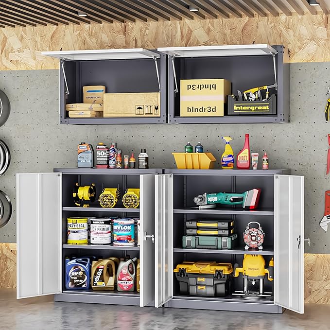 INTERGREAT Metal Cabinet with Lock, Lockable Metal Storage Cabinets with Doors and Shelves for Garage, Grey White Locking Garage Storage Cabinets 36"×32"×16"