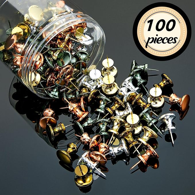 Outus 100 Pcs Giant Push Pins Large Thumb Tacks Plastic Heads 1 Inch Jumbo Push Pins for Cork Board Map Posters Office School(Gold, Silver, Bronze, Rose Gold, Gray)
