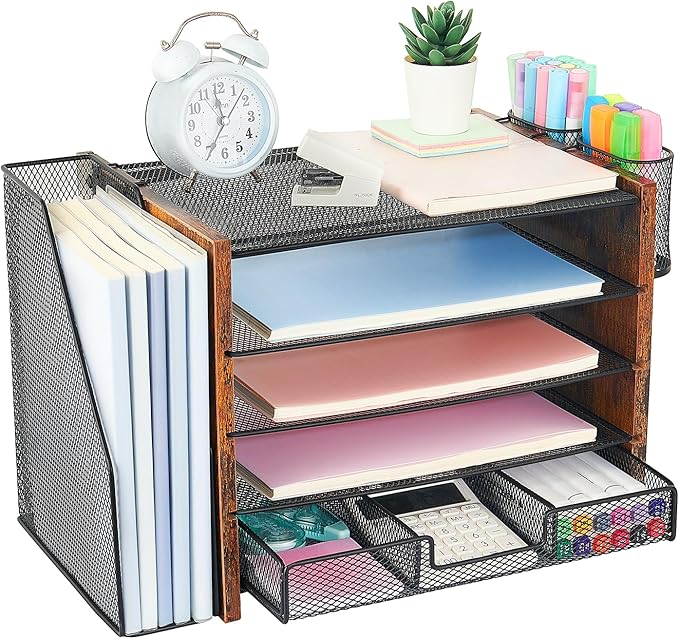 Wood Desk Organizers and Accessories with File Organizer, 5-Tier Paper Organizer with Drawer & Pen Holder, Office Desk Accessories, Workspace Desktop Storage for Office Supplies Organization(Brown)