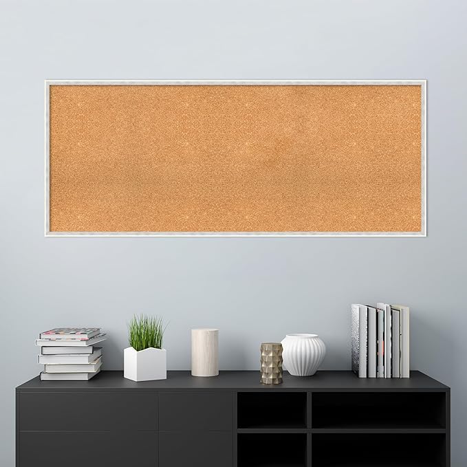 Amanti Art Natural Cork Board for Wall, 25x61 Vision Board with White Frame, Oversize Corkboard Office Decor for Home Organization, Modern Corkboard Pinboard to Display Items for Home Organization in
